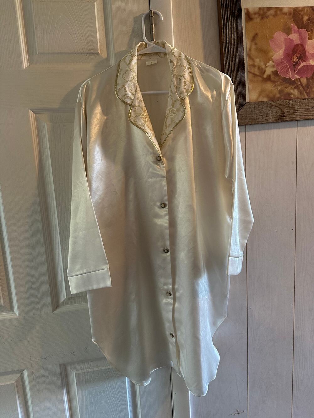 Vintage Ivory Satin Sleep Shirt Small Gold Lace Trim Button Down Nightgown